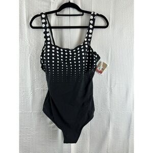Reebok Womens Plus Sz 18 One Piece Swimsuit Black White Polka Dot Tummy Control